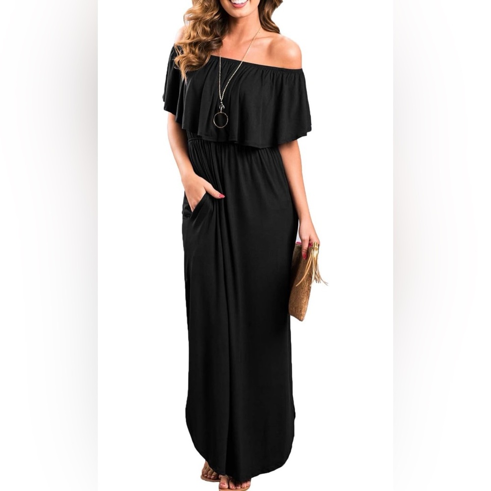 VERABENDI - Womens Off The Shoulder Ruffle Maxi Dress
